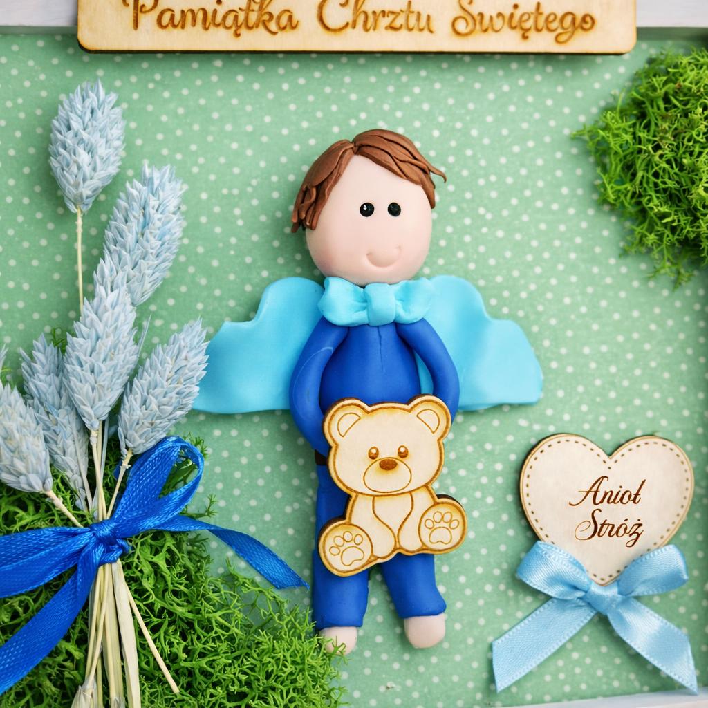 Pamiątka Chrztu Świętego – anioł stróż dla chłopca z misiem, rękodzieło handmade