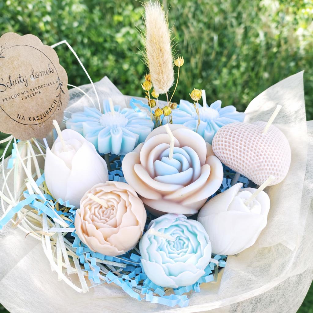 Bukiet świec sojowych w kształcie kwiatów – ręcznie robione świece dekoracyjne handmade